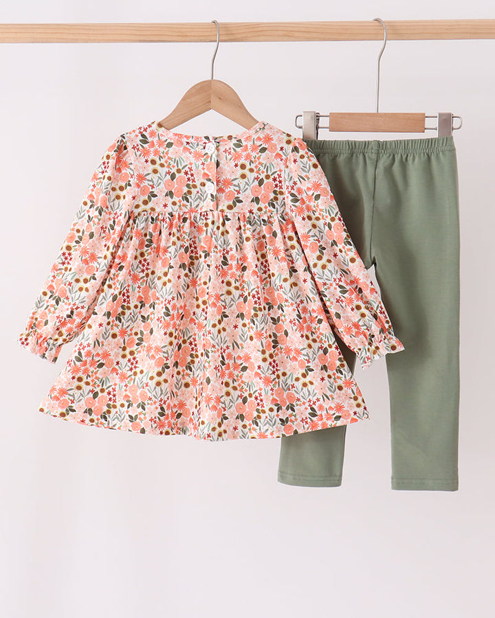Green floral ruffle dress top with green panel and matching green leggings
