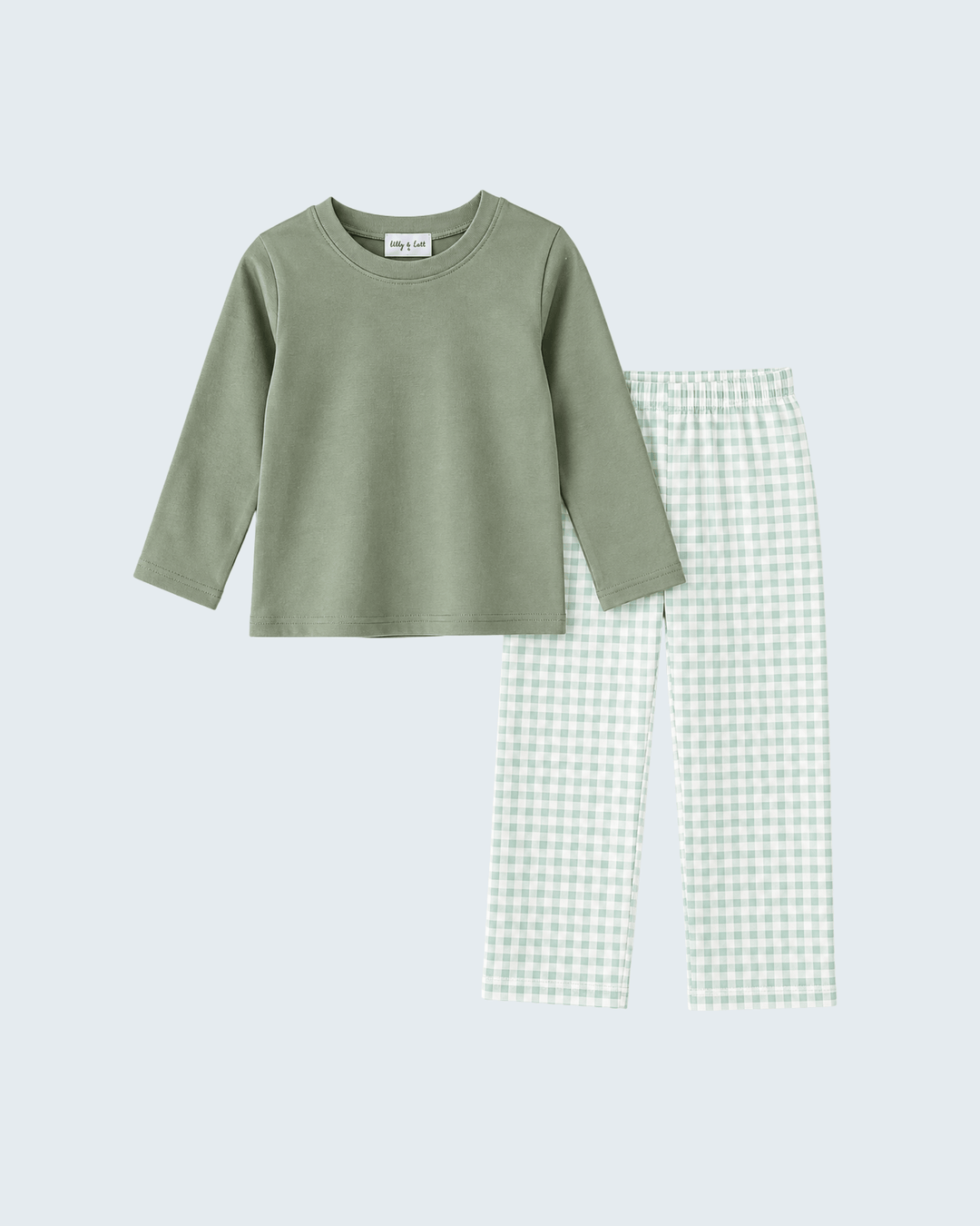 Sage green crew-neck top with light sage gingham pants, two-piece set