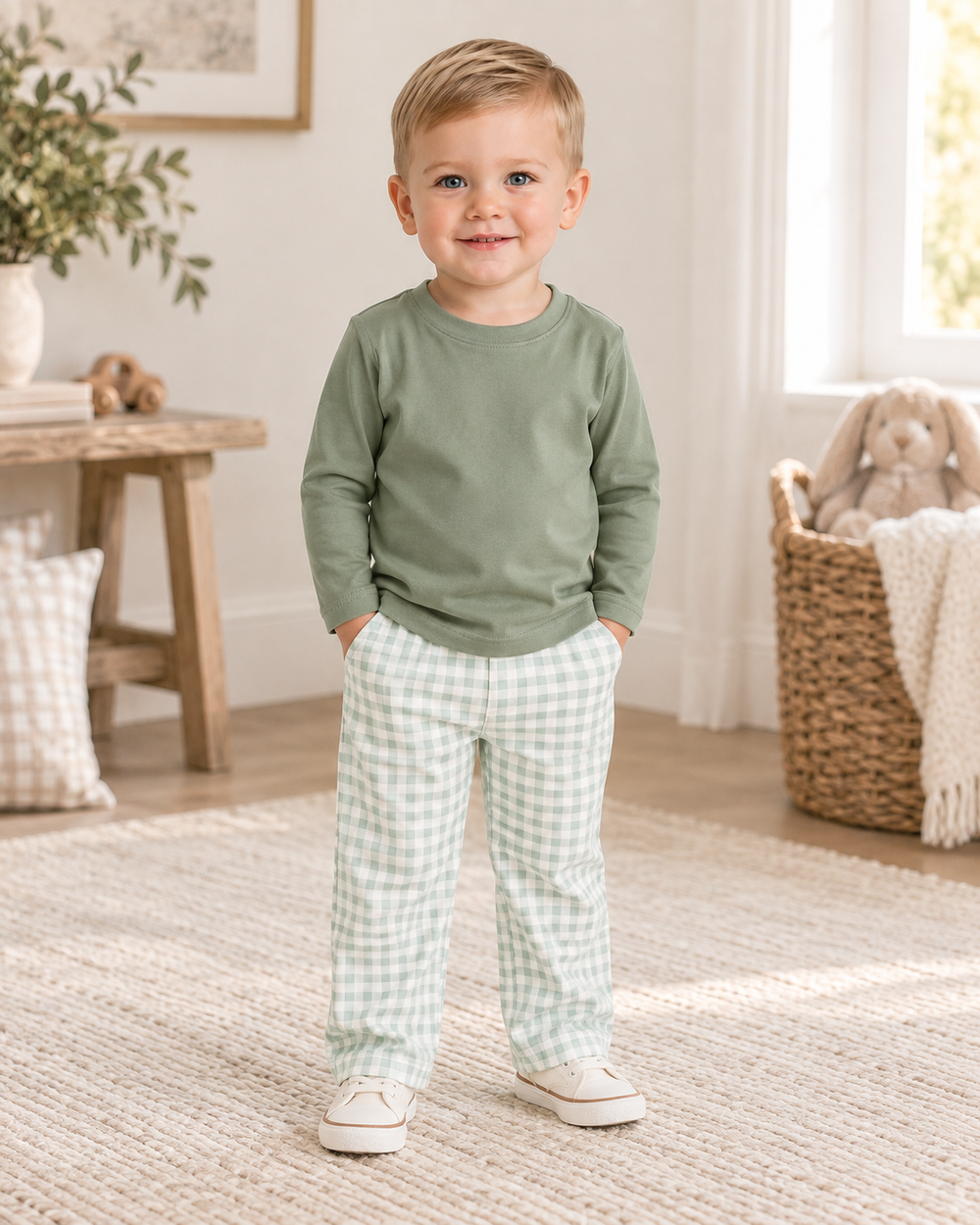Kids' sage green long-sleeve top and light sage gingham pants set