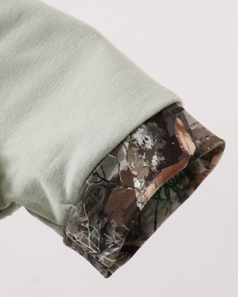 Close-up of a light sage green sleeve with a turned-up cuff showing a brown and gray camouflage lining, set against a plain light background.