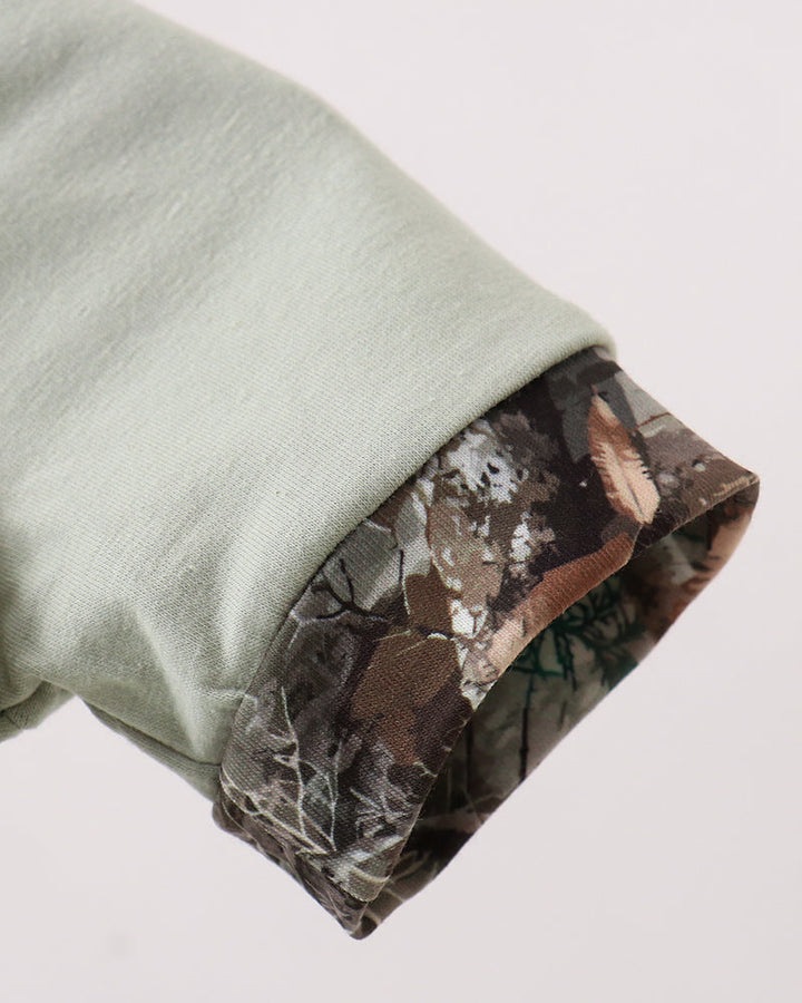 Close-up of a light sage green sleeve with a turned-up cuff showing a brown and gray camouflage lining, set against a plain light background.