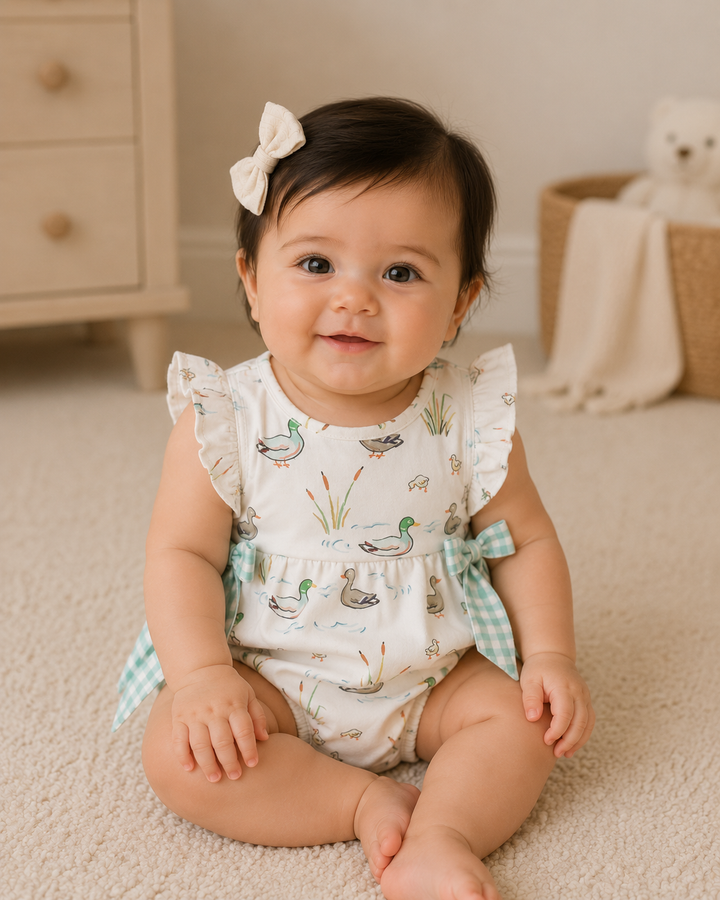 A baby girl sitting on a beige carpet wearing a white ruffle-sleeve romper with a duck print and green gingham side bows, with a matching white bow in her hair.