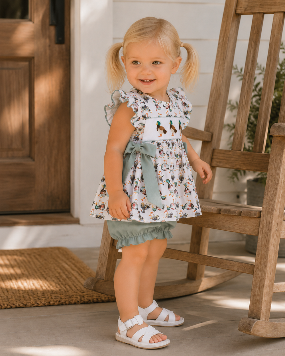 A young toddler girl with blonde pigtails stands on a porch wearing a white sleeveless dress with a green duck print and a sage green waist tie, paired with white sandals.