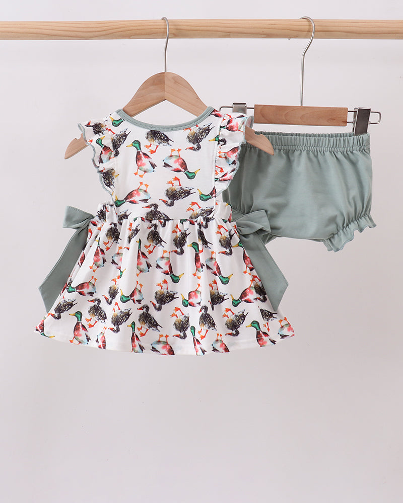 Animal-print girls’ dress with sage-green bloomer set, gathered waist and skirt ruffles