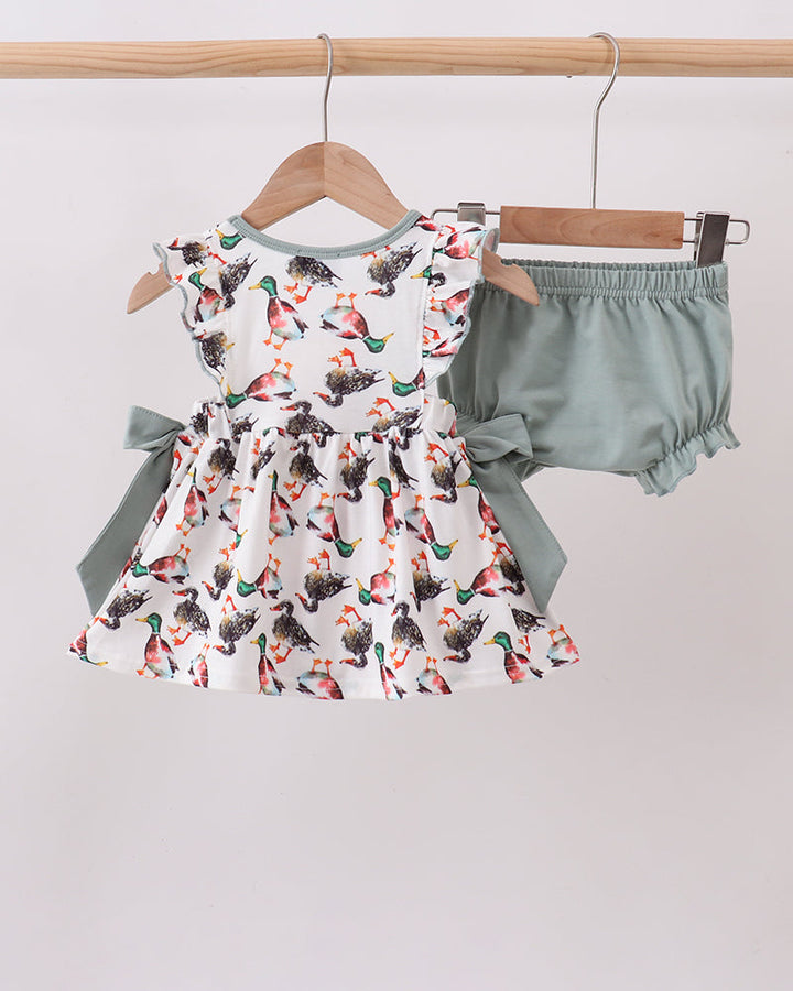 Animal-print girls’ dress with sage-green bloomer set, gathered waist and skirt ruffles