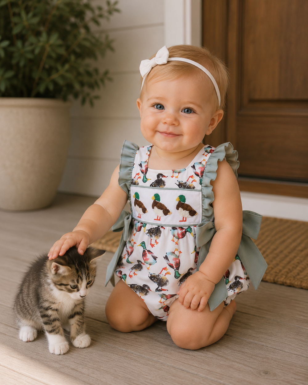 A baby girl wearing a white romper with a colorful duck print and a matching white bow headband, kneeling on a wooden floor and petting a small tabby kitten.