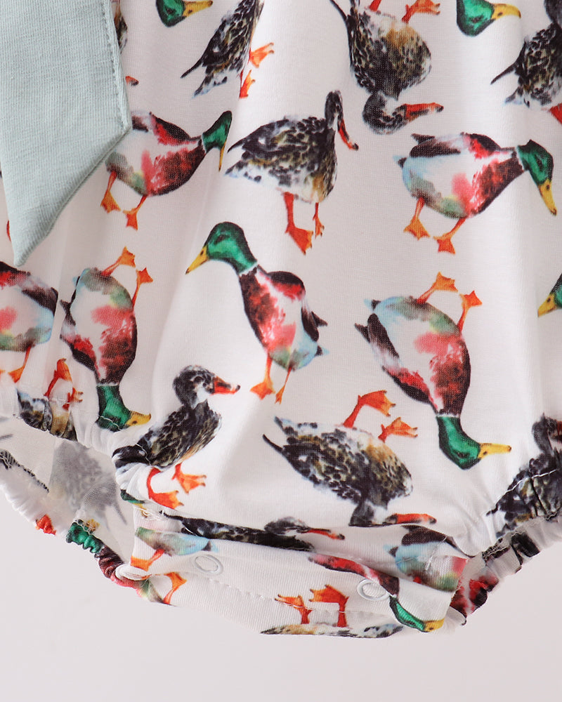 Infant romper gathered hem with multicolor bird print and ruffle edging