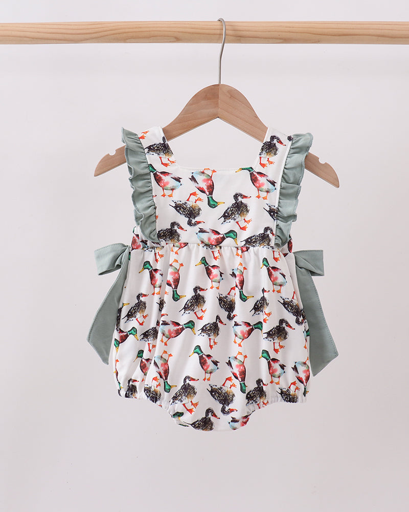Infant ruffle bubble romper on hanger with bird print and sage green side ties