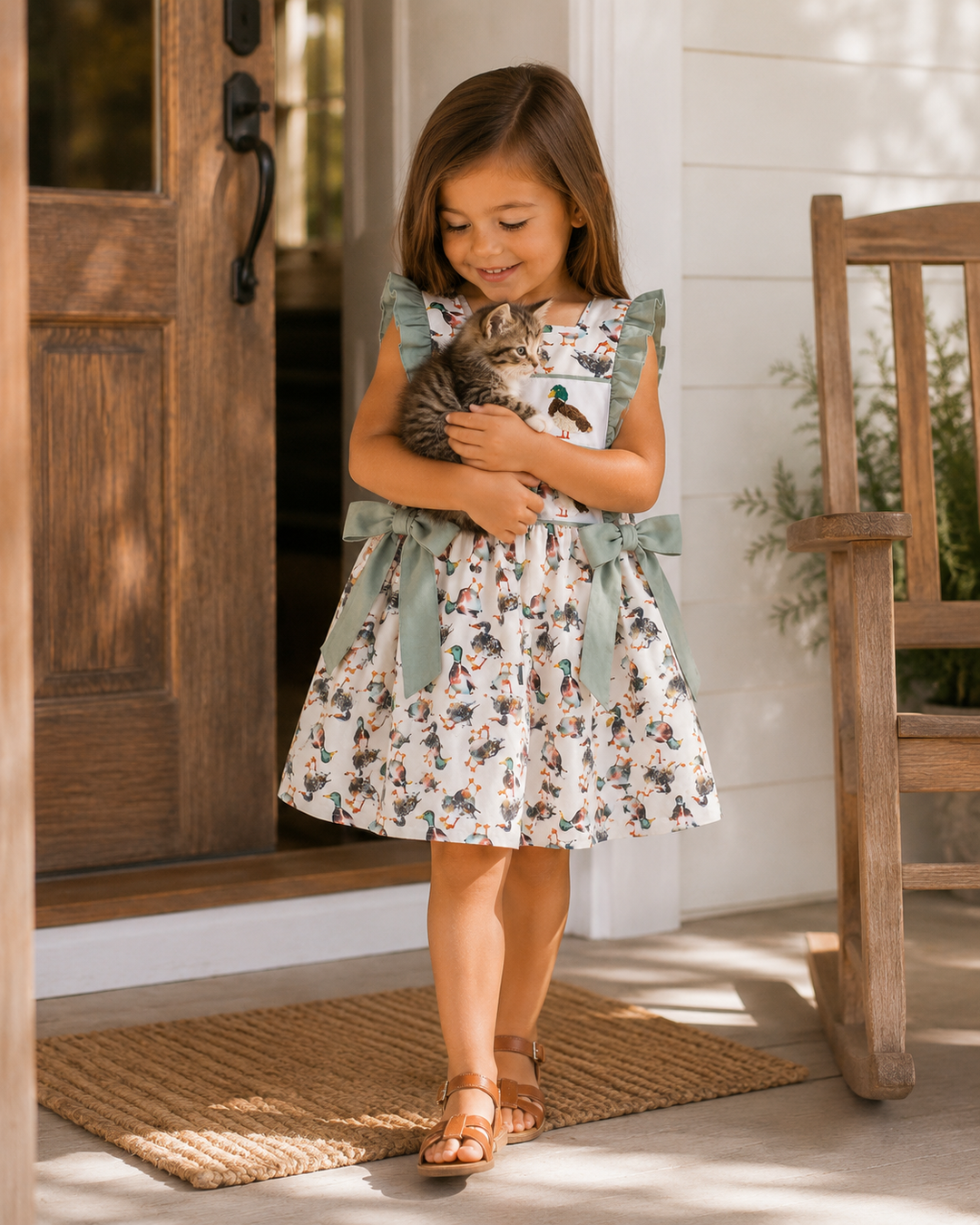 A young girl stands on a porch holding a small gray kitten. She is wearing a white knee-length dress with a colorful animal print and sage green ruffled shoulder straps and waist bow.