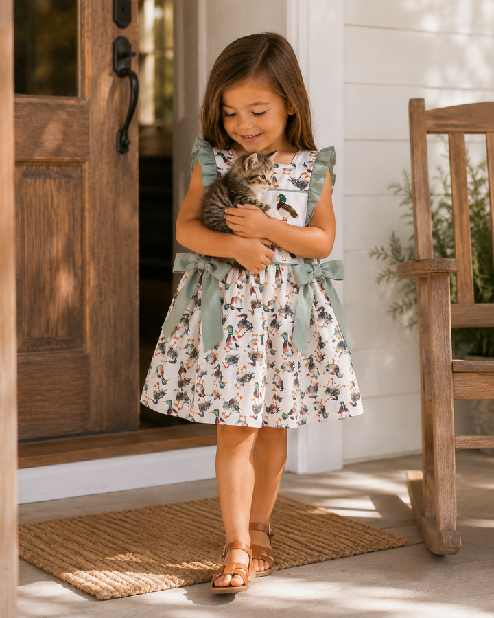 A young girl stands on a porch holding a small gray kitten. She is wearing a white knee-length dress with a colorful animal print and sage green ruffled shoulder straps and waist bow.