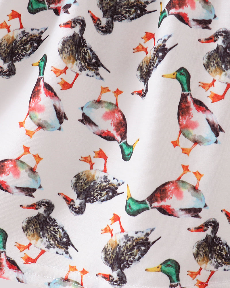 Bird-print dress fabric with multi-colored ducks and textured look