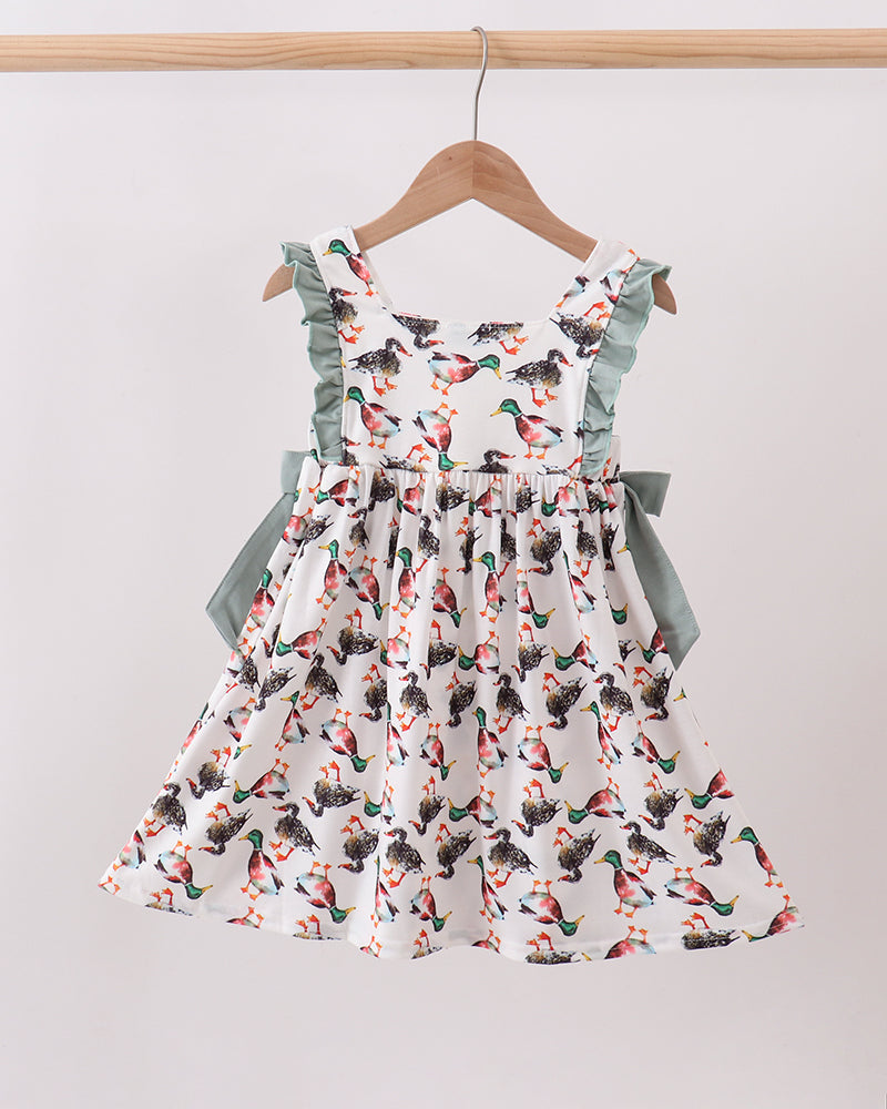 Bird-print ruffle dress with sage-green sleeves and full gathered skirt