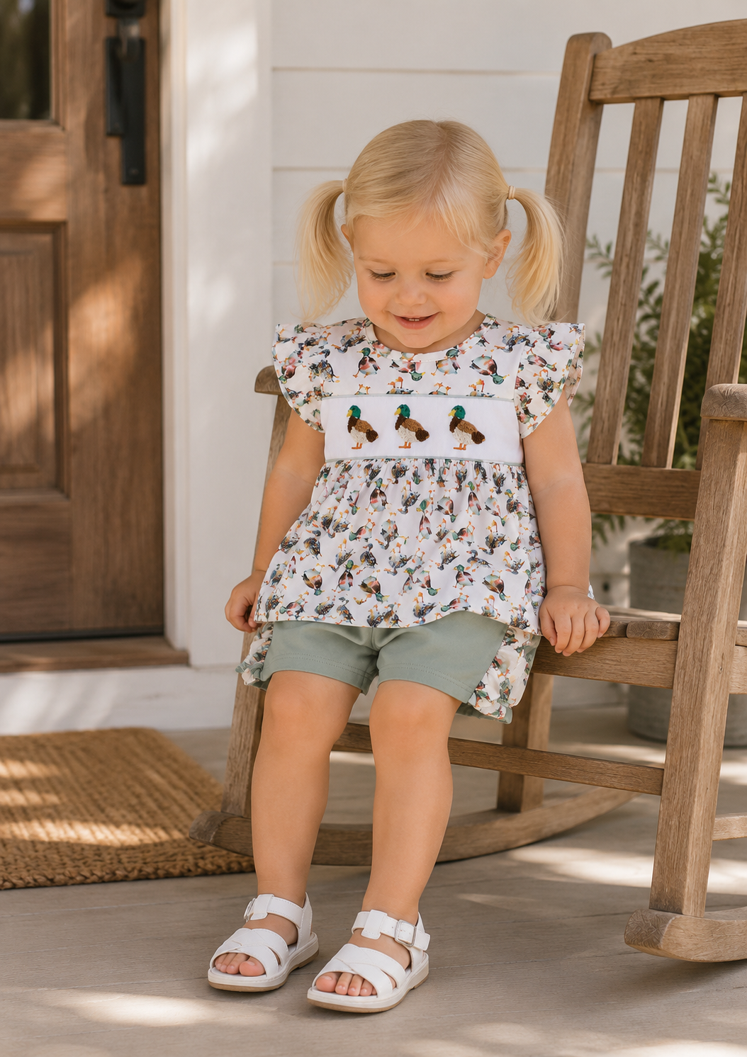 A young girl with blonde pigtails sits on a wooden rocking chair on a porch, wearing a white smocked top with a duck print and sage green shorts.
