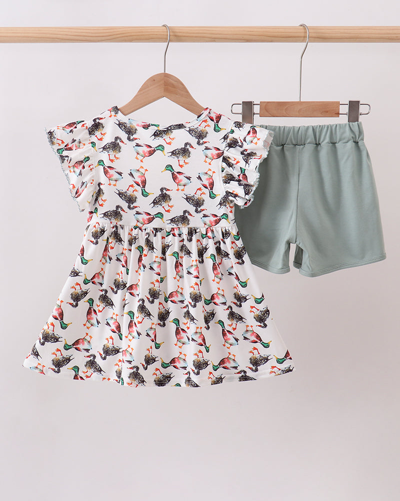Bird-print ruffle dress with matching sage green shorts set