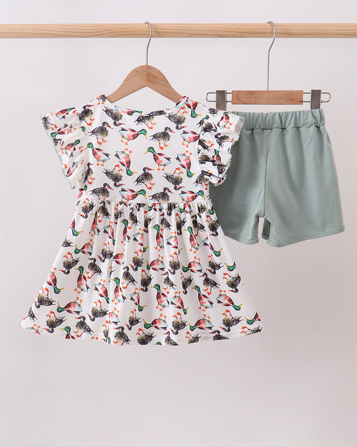 Bird-print ruffle dress with matching sage green shorts set