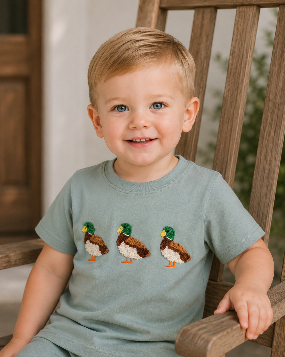 A smiling toddler with blonde hair sits on a wooden rocking chair, wearing a sage green short-sleeve t-shirt with three embroidered mallards across the chest.