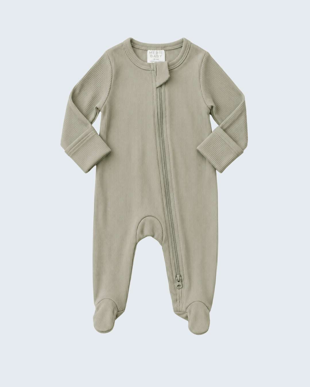 Sage ribbed organic cotton zipper romper with long sleeves, full front zip, footed legs