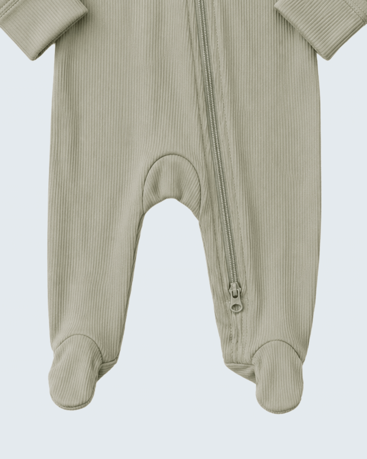 Ribbed zipper romper with footed legs and full-length front zipper detail