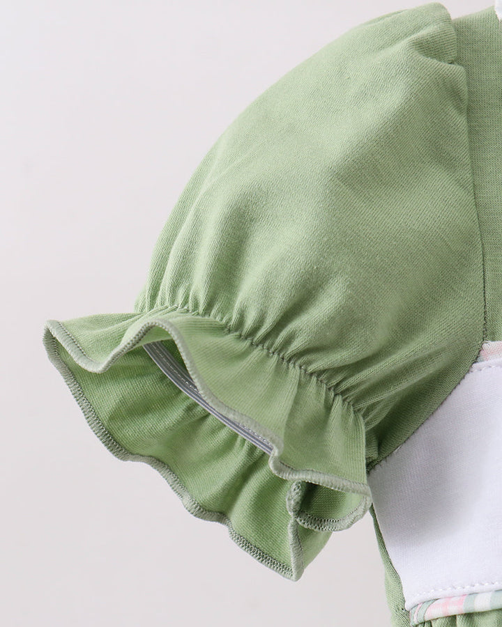Sage green baby dress sleeve with gathered cuff and ruffle trim