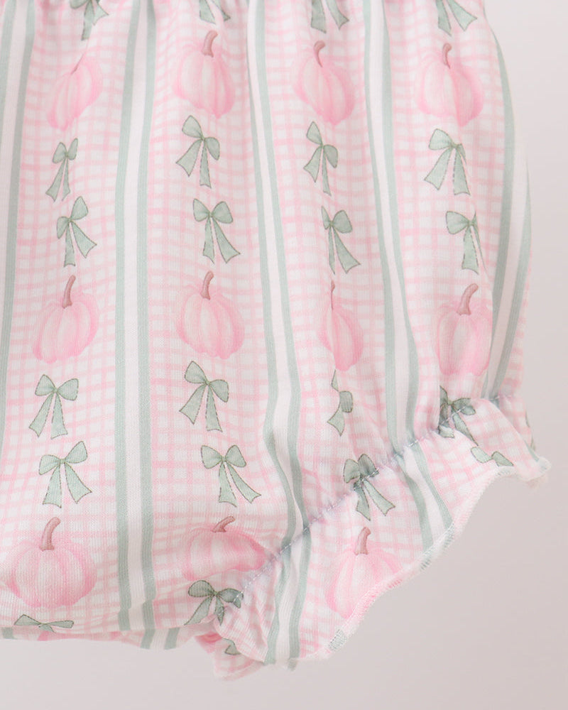Pink striped baby bloomer with whimsical illustrated pattern and elastic cuffs