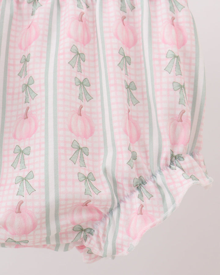 Pink striped baby bloomer with whimsical illustrated pattern and elastic cuffs