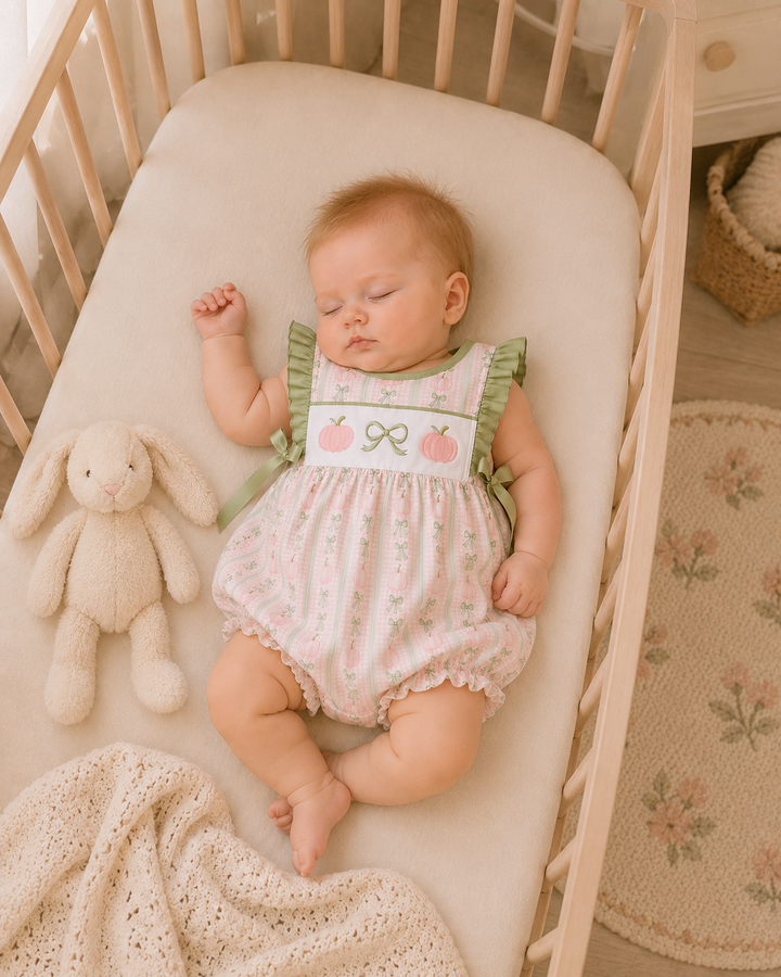 Pink-and-sage pumpkin ruffle bubble romper on baby, with bow applique
