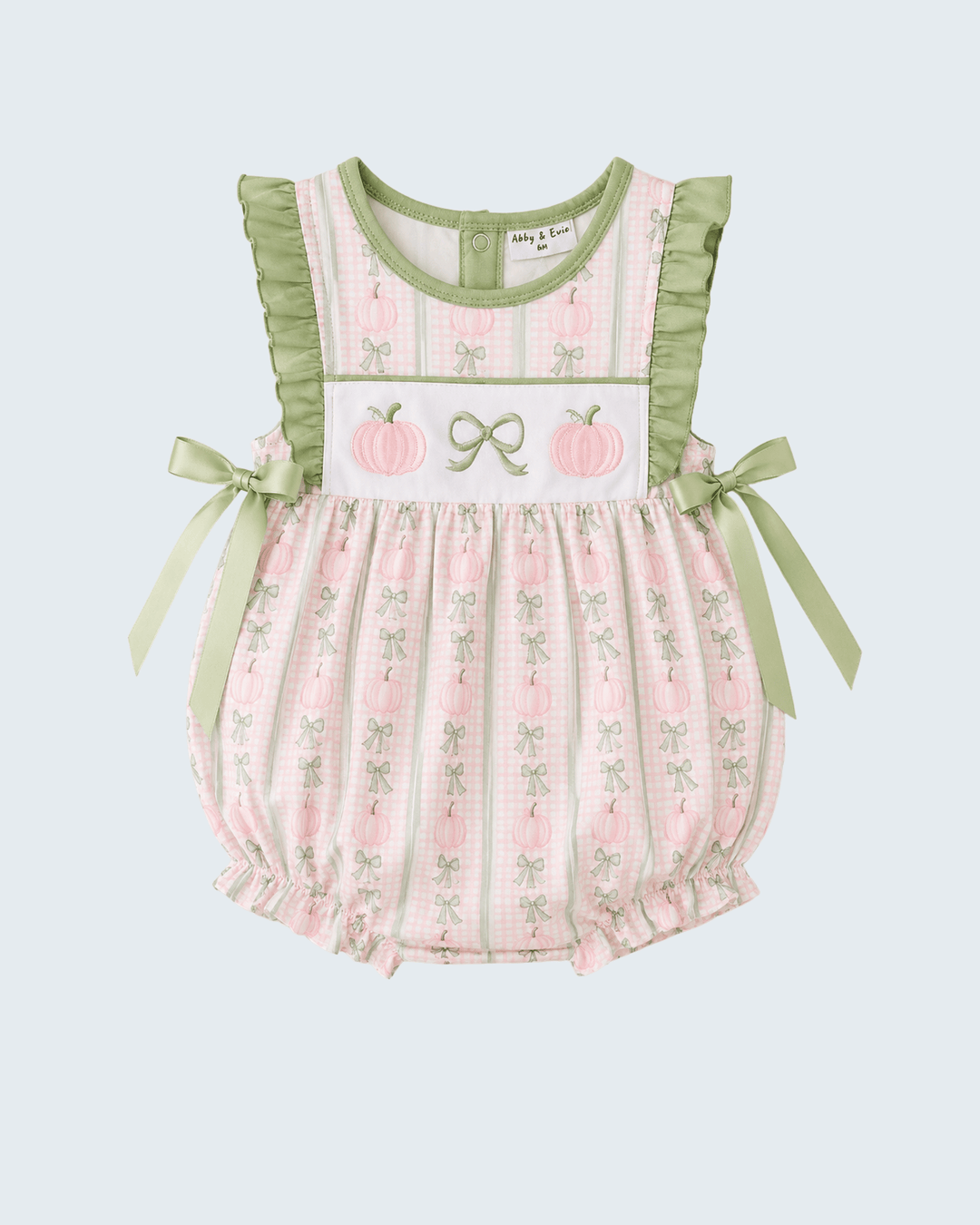 Pink gingham pumpkin bubble romper with sage ruffle sleeves and bow straps