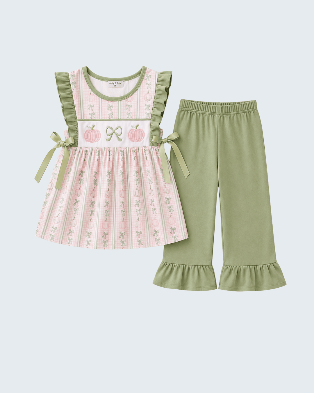 Infant ruffle top and wide-leg pants set, sage green ruffle sleeves and pink pumpkin print
