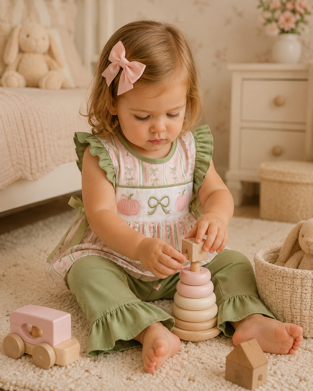 Infant ruffle dress with sage green sleeves and pink pumpkin bow print, paired with sage pants