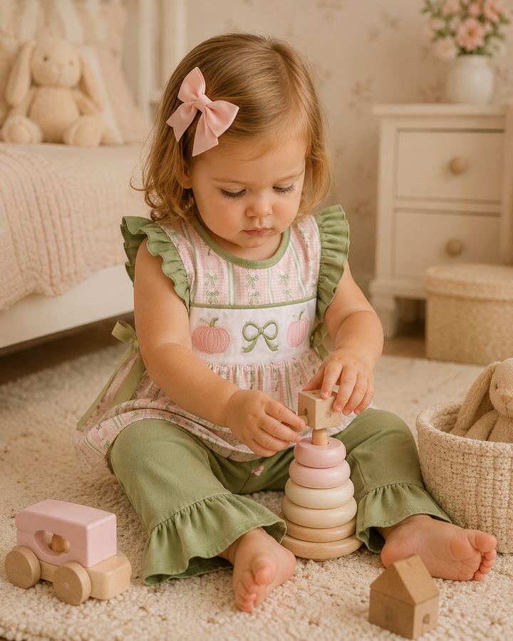 Infant ruffle dress with sage green sleeves and pink pumpkin bow print, paired with sage pants
