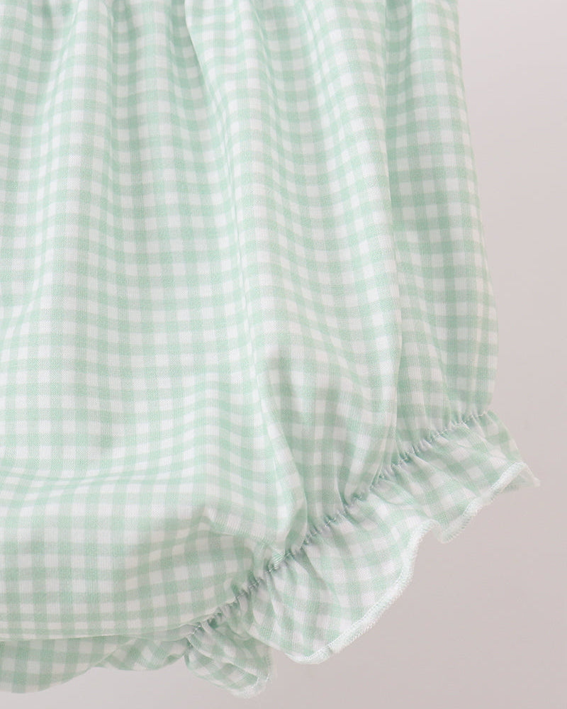 Mint green gingham bloomer with elastic waistband and ruffled leg cuffs