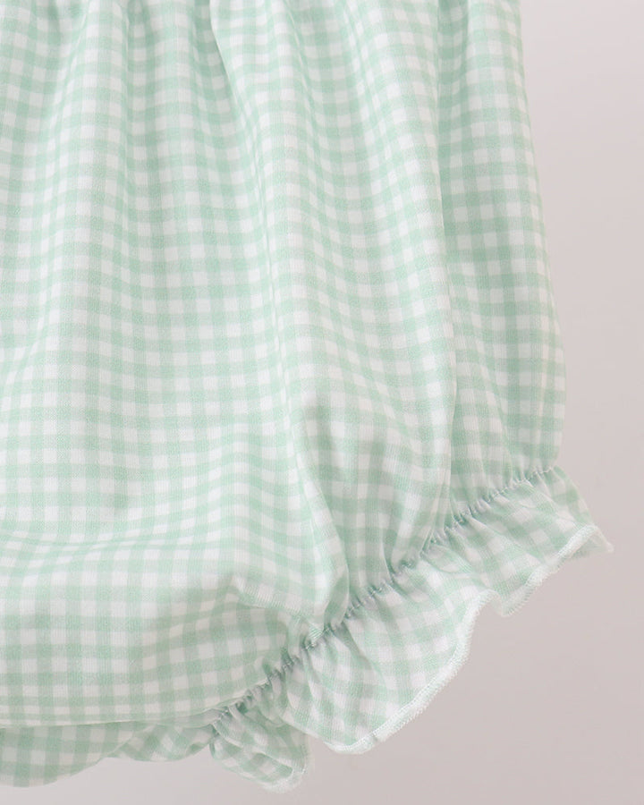 Mint green gingham bloomer with elastic waistband and ruffled leg cuffs
