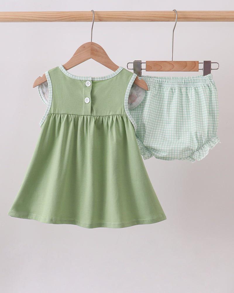 Sage green sleeveless dress with buttoned neckline and matching gingham bloomer