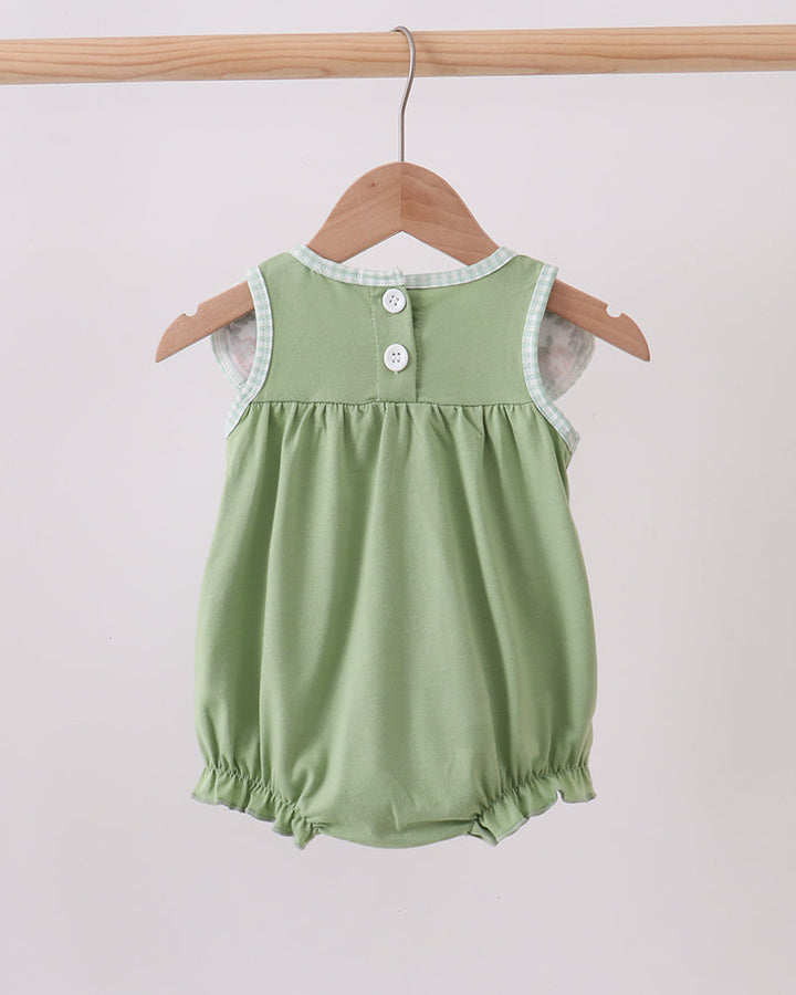 Green sleeveless bubble romper with front button placket and elastic legs