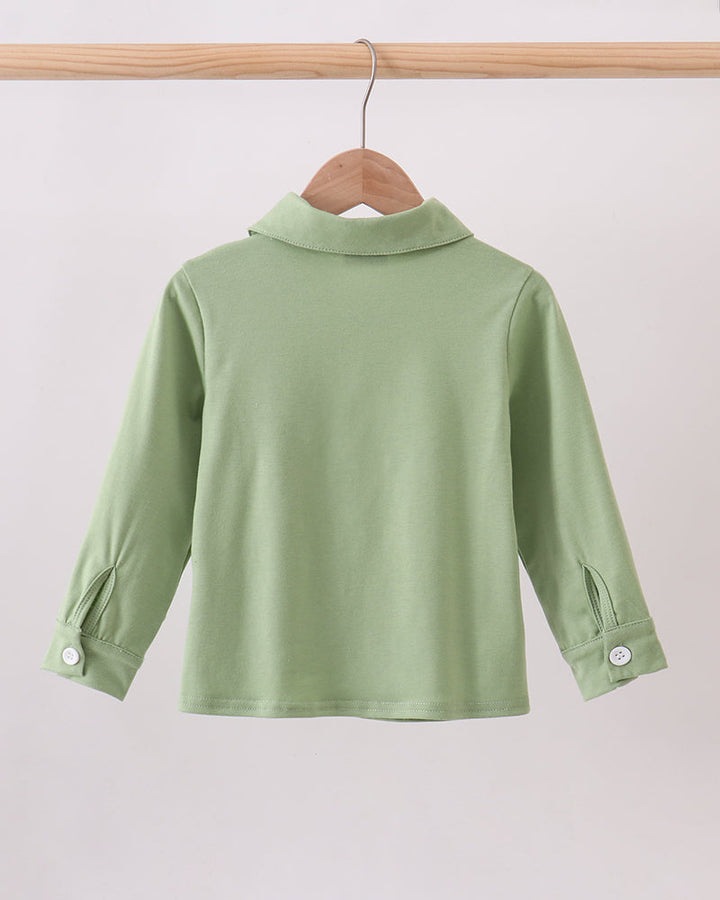 Sage green button-down shirt back view with collar and long sleeves