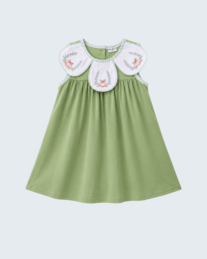 A light green sleeveless baby dress with a large white Peter Pan collar featuring embroidered floral details, shown against a light gray background.