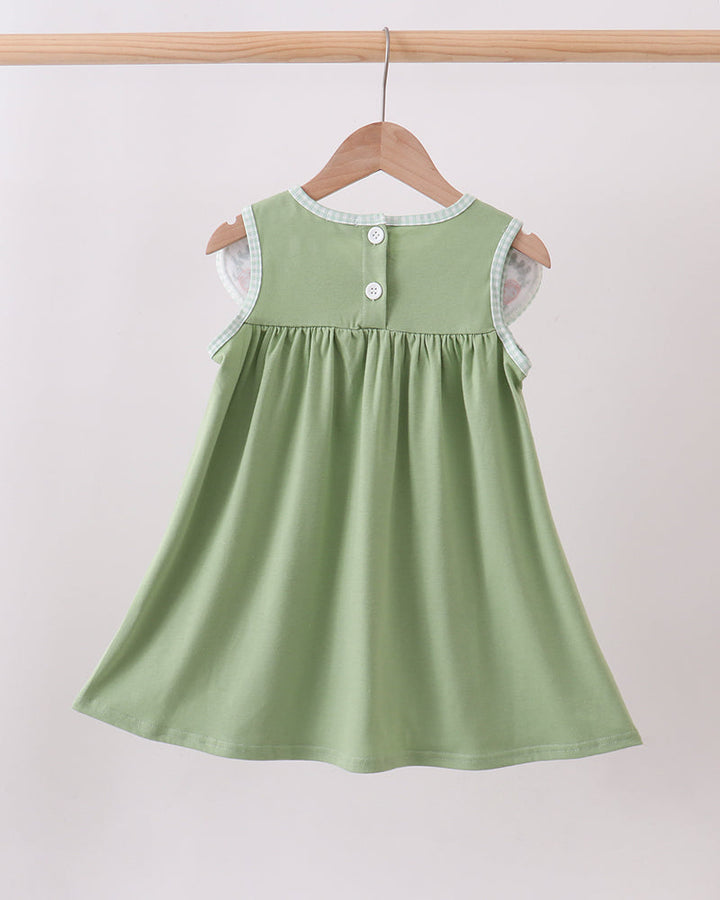 Green sleeveless baby dress with button closure at back neck