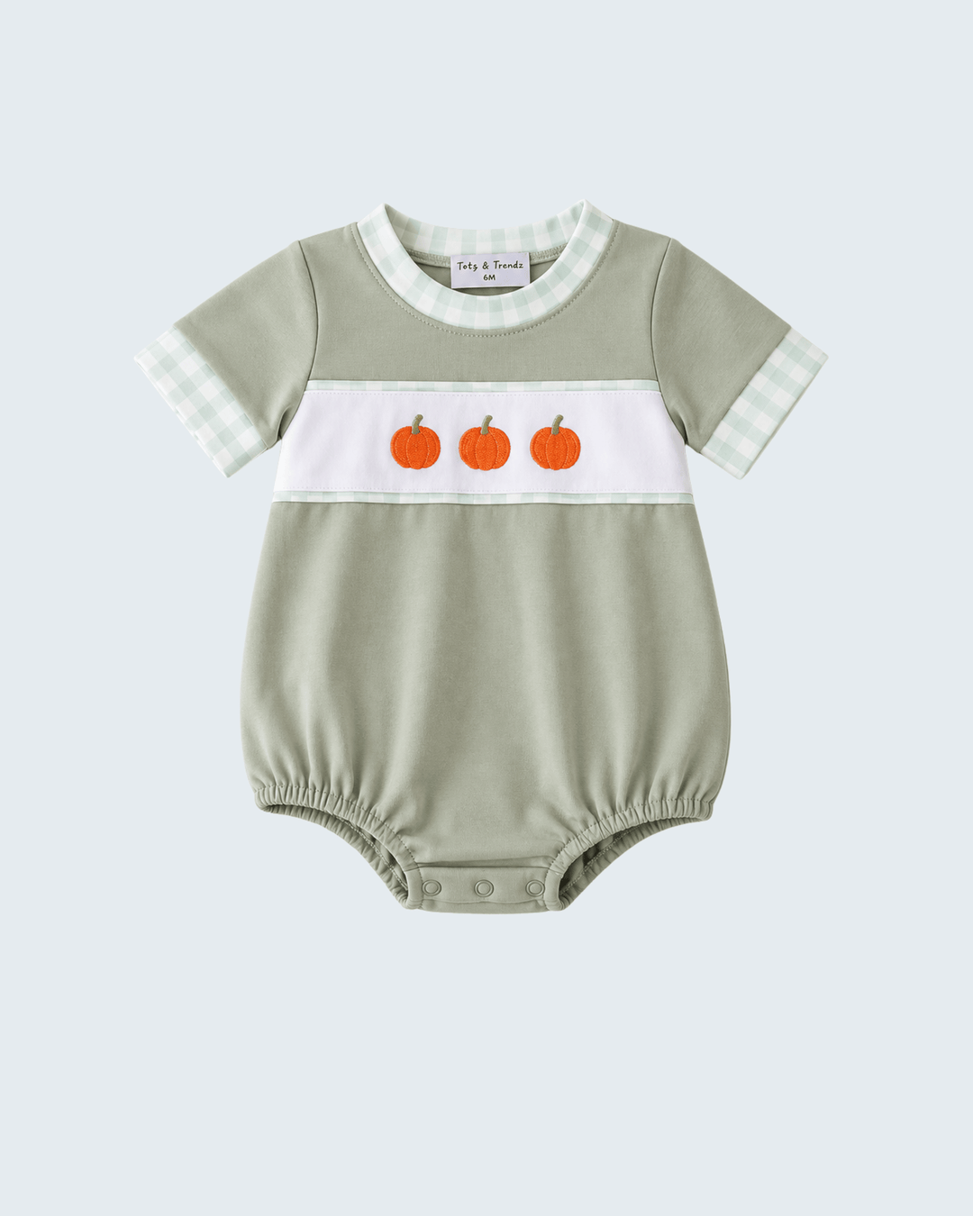 Sage Pumpkin Embroidered Gingham Bubble
