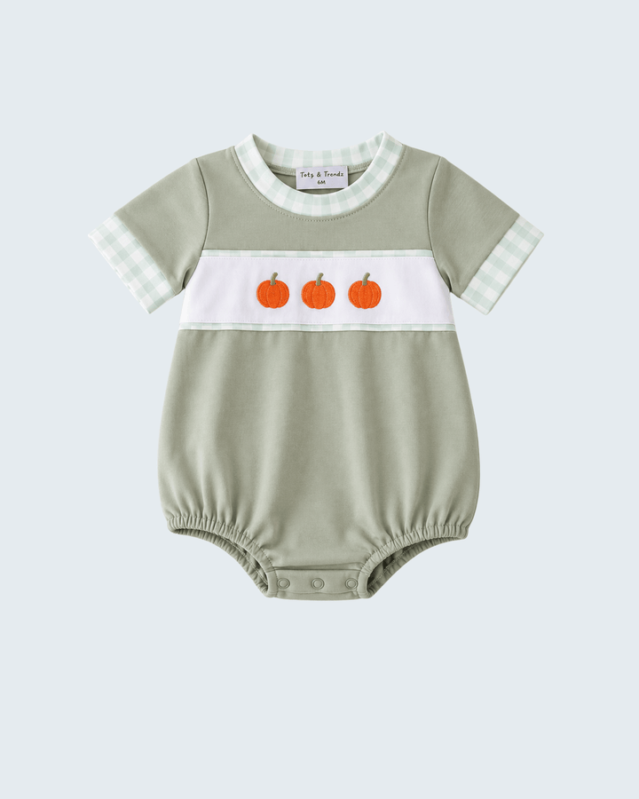 Sage Pumpkin Embroidered Gingham Bubble