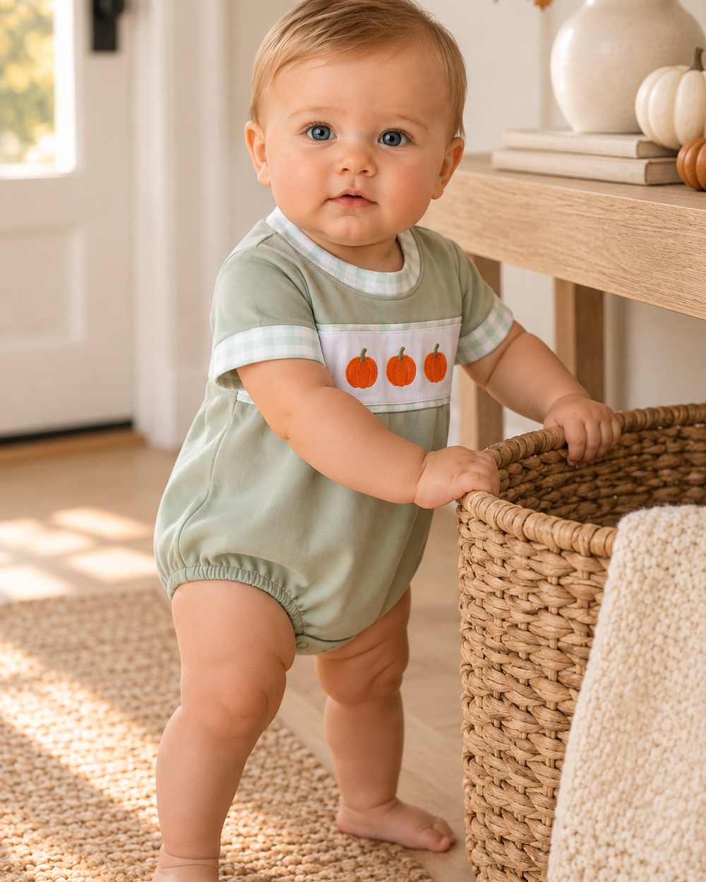 Baby boy is standing by a wicker basket and he is wearing a pumpkin romper.