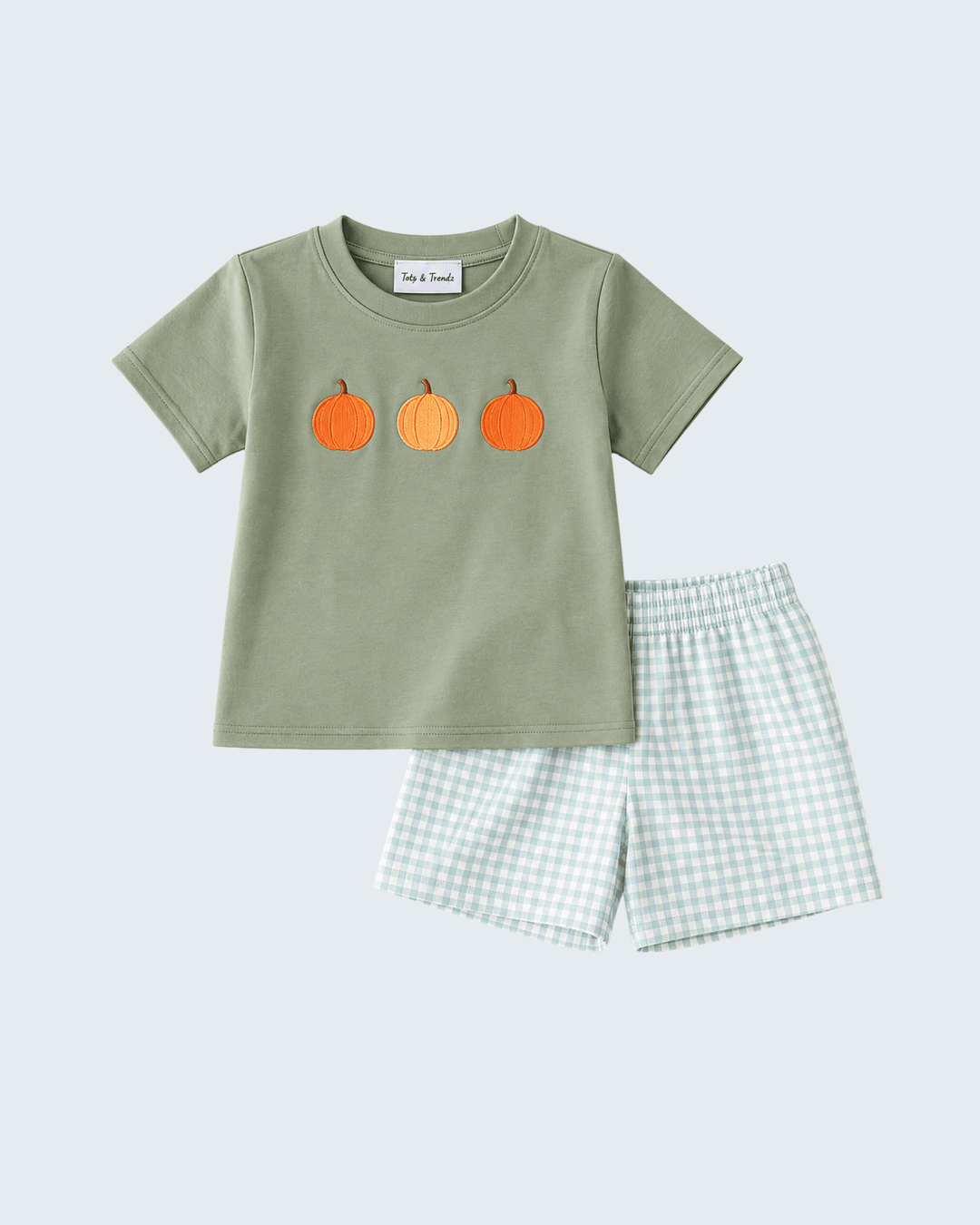 Sage Pumpkin Embroidered Gingham Shorts Set