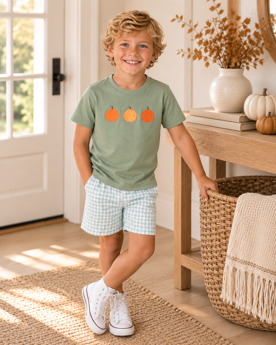 Smiling young boy standing in a bright entryway. 
