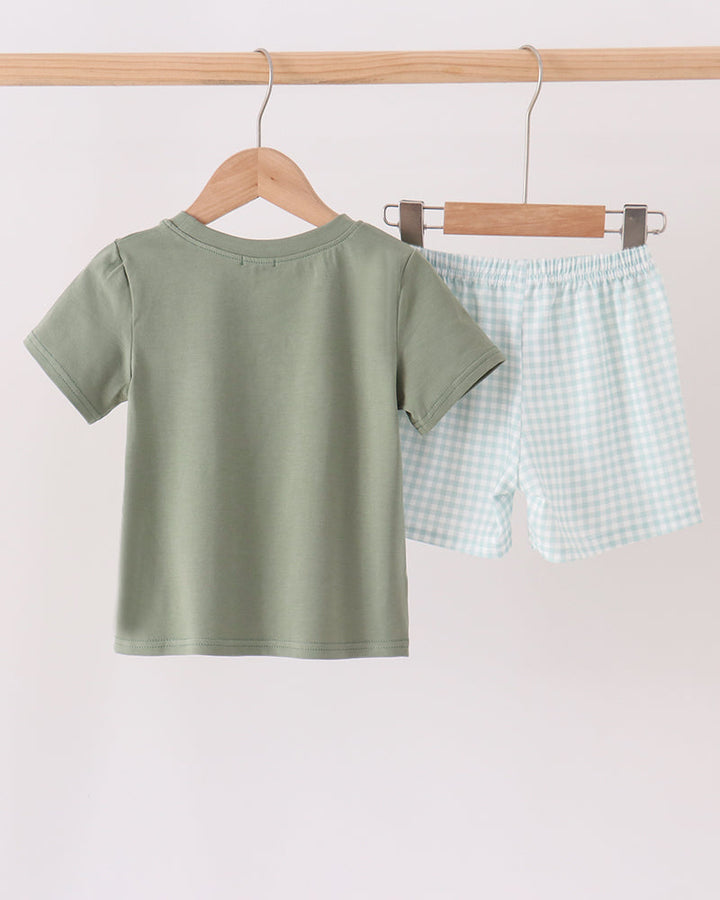 Sage Pumpkin Embroidered Gingham Shorts Set