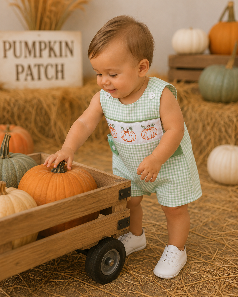 A toddler stands in a fall-themed studio setting with hay, pumpkins, and a sign reading 'PUMPKIN PATCH,' wearing a light green and white gingham sleeveless romper with embroidered pumpkins on the chest and white shoes, reaching toward a wooden wagon carrying pumpkins.
