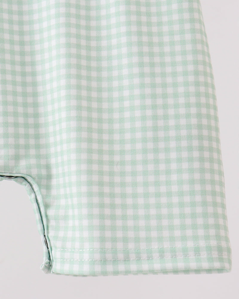 Sage green gingham jon jon leg opening with stitched edge and trim
