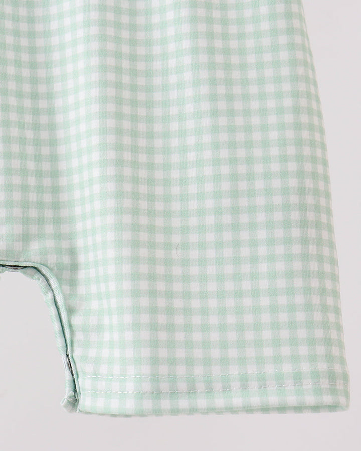 Sage green gingham jon jon leg opening with stitched edge and trim