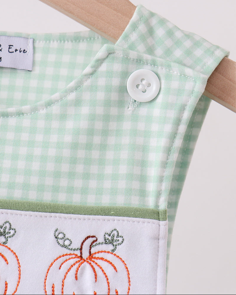 Sage green gingham jon jon with white button at chest and embroidered bib