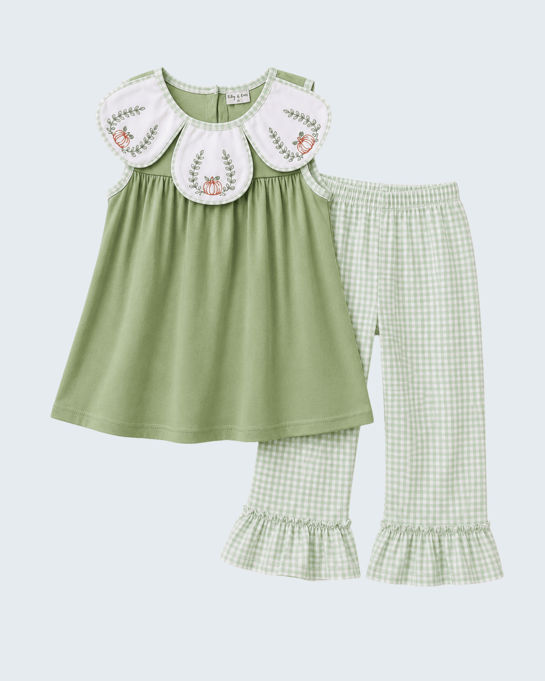 A two-piece baby girl's pajama set featuring a sage green sleeveless top with a white embroidered Peter Pan collar and matching green-and-white gingham ruffle pants.