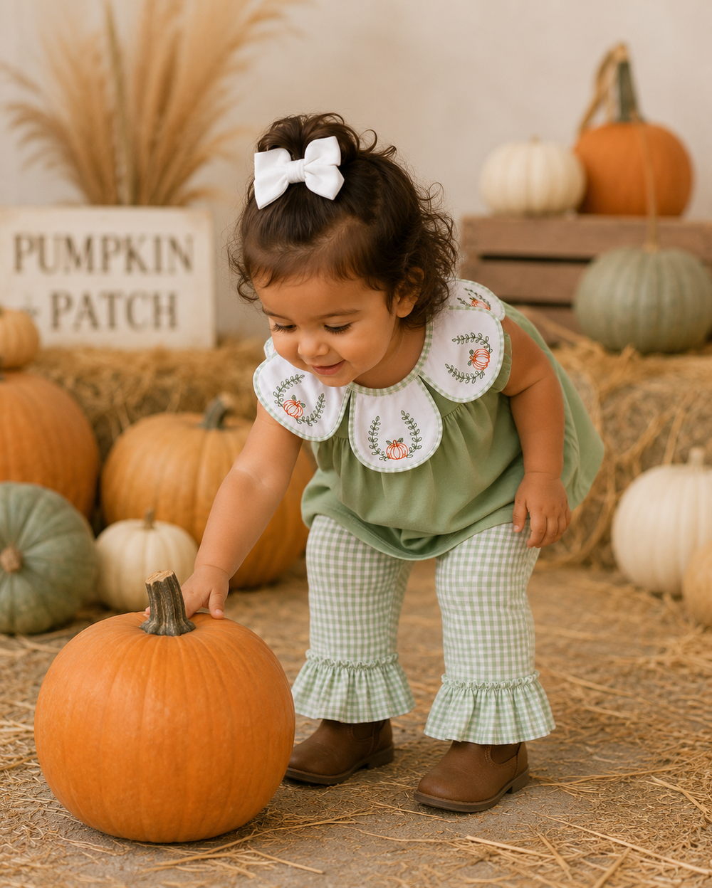 A toddler girl wearing a sage green and white gingham outfit with embroidered white collar stands on a hay-covered floor surrounded by pumpkins, touching a large orange pumpkin in a fall-themed setting.