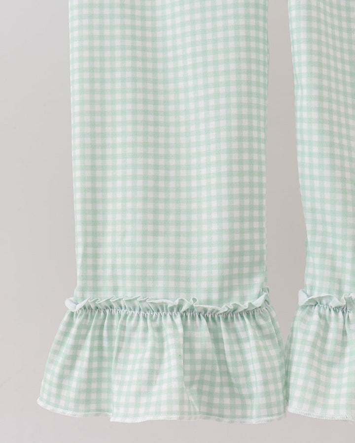 Green gingham ruffle pants with elastic waistband and layered ruffle hem